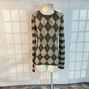 Debrah Hayburn Long Sleeve Green Striped & Argyle Mixed Print Sweater Size L